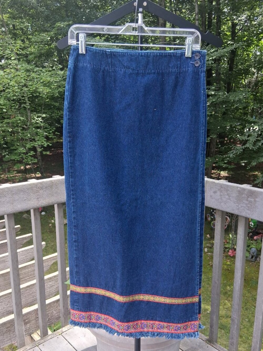 Vtg 90s LEE Blue Jean Wrap Skirt Ribbon Trim Frayed Hem – Size 8M